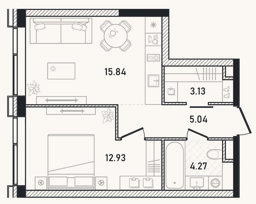 Планировка: 2-к, 41,2 м²