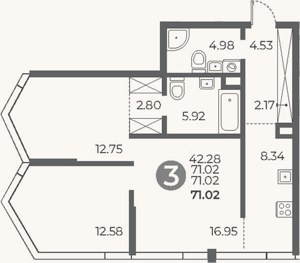 Планировка: 2-к, 71 м²