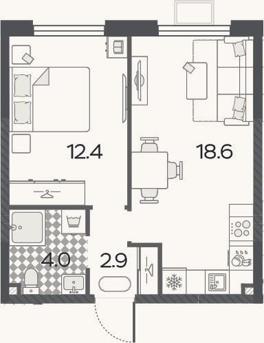 Планировка: 2-к, 37,9 м²