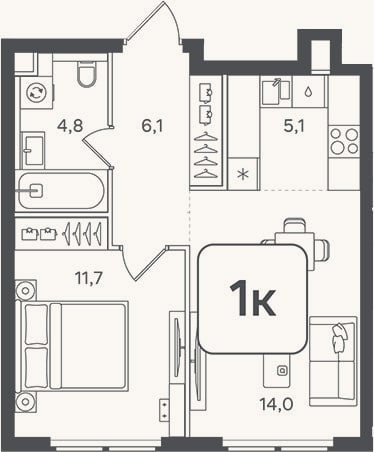 Планировка: 2-к, 41,7 м²