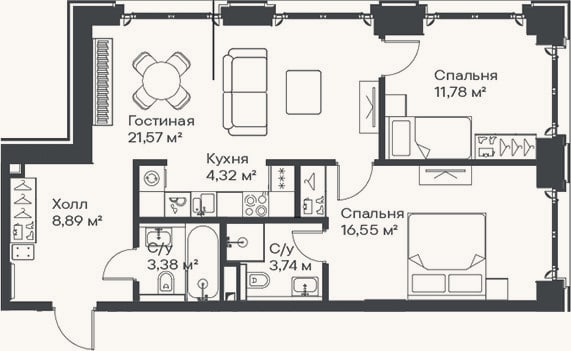 Планировка: 3-к, 70,2 м²