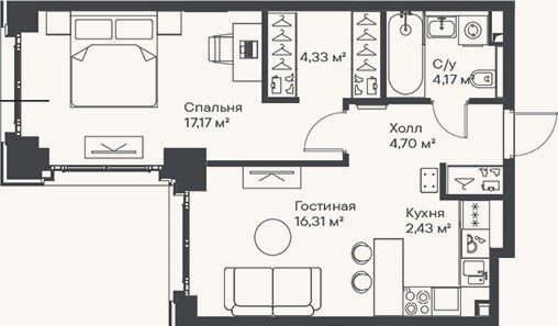 Планировка: 2-к, 49,1 м²