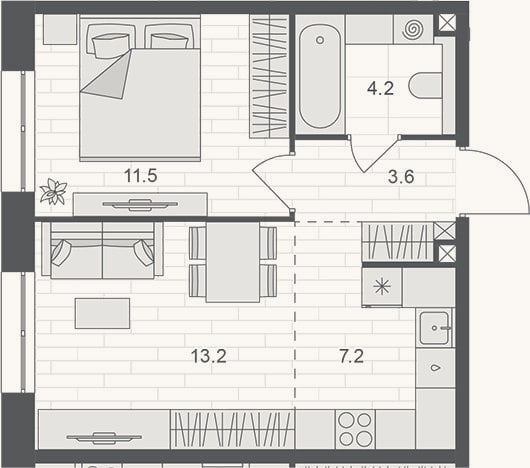 Планировка: 2-к, 39,7 м²