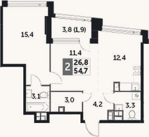 Планировка: 2-к, 53 м²