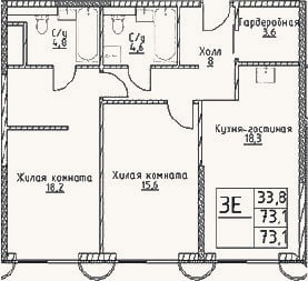 Планировка: 3-к, 73,1 м²