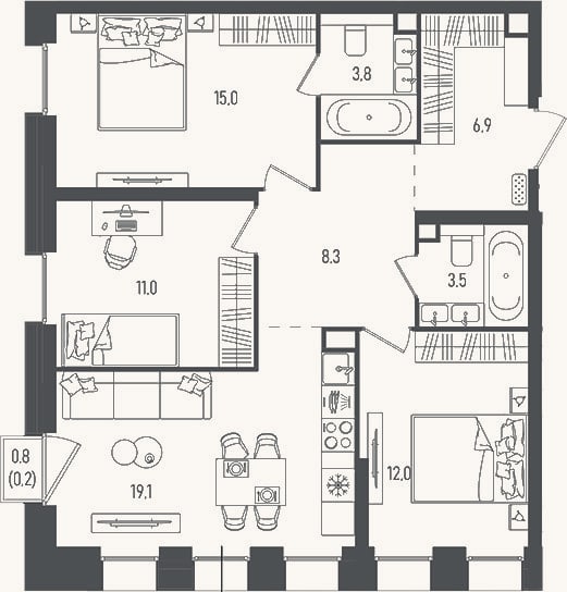 Планировка: 4+ к, 79,6 м²