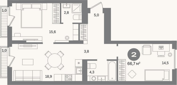 Планировка: 2-к, 64,7 м²