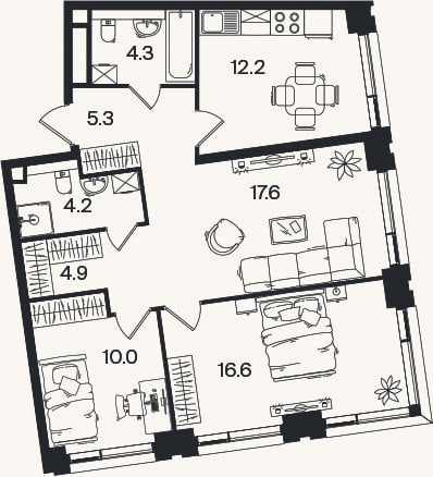 Планировка: 3-к, 75,1 м²