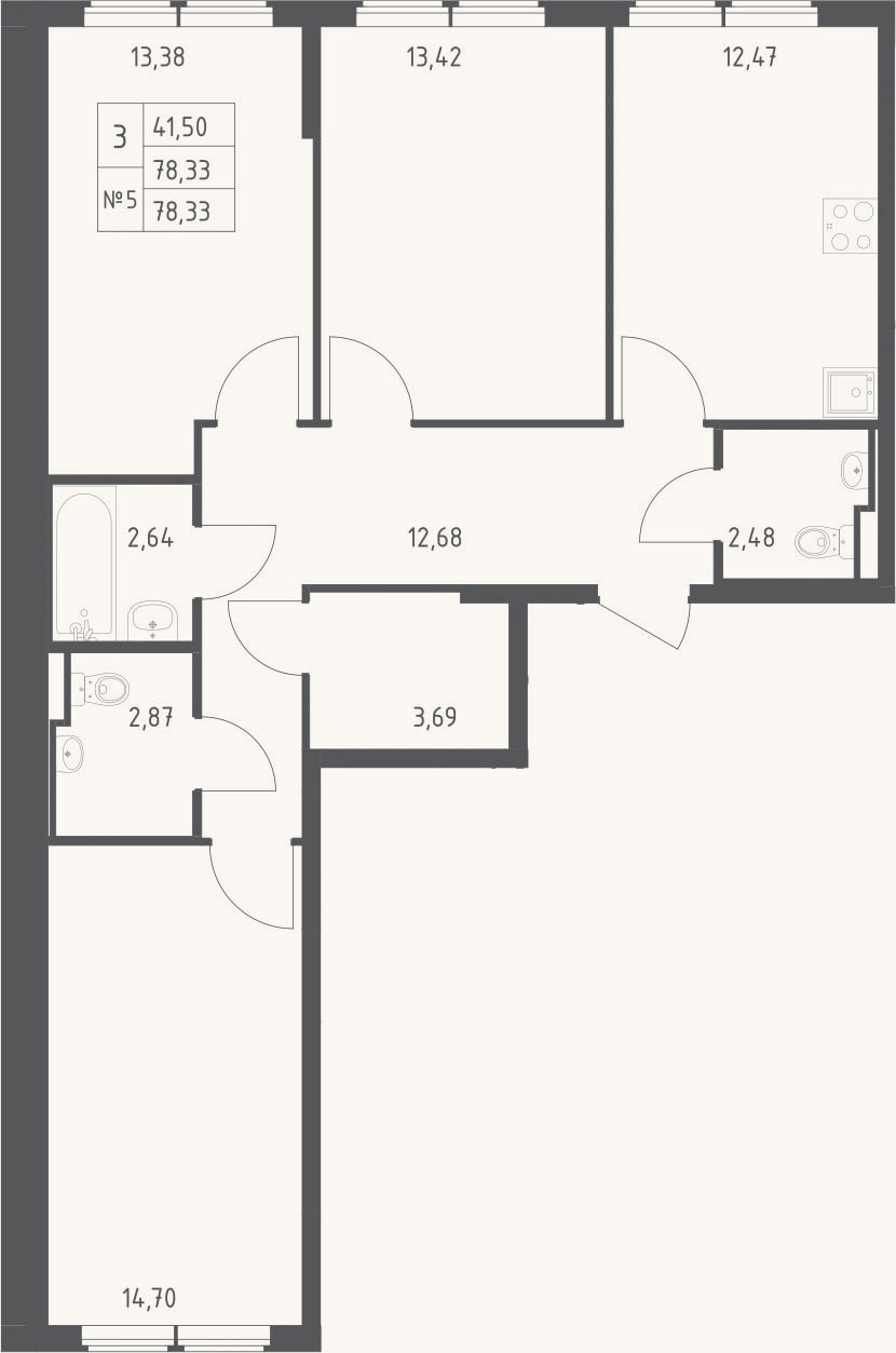 Планировка: 3-к, 78,3 м²