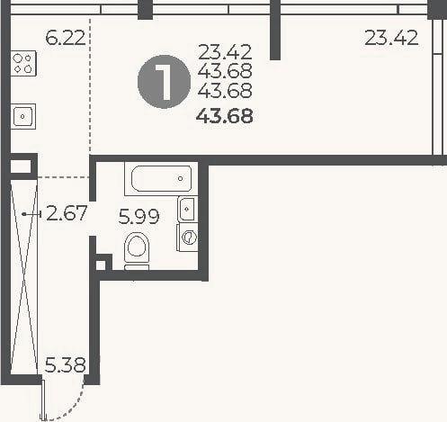 Планировка: Студия, 43,7 м²