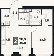 Планировка: 2-к, 49,8 м²