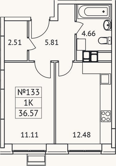 Планировка: 1-к, 36,6 м²