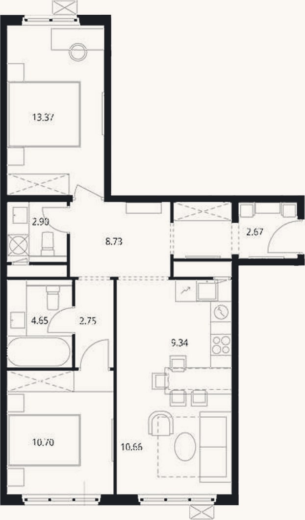 Планировка: 3-к, 65,8 м²