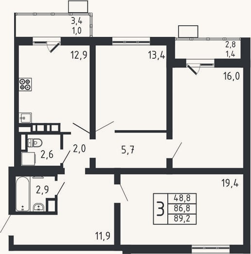 Планировка: 3-к, 86,8 м²