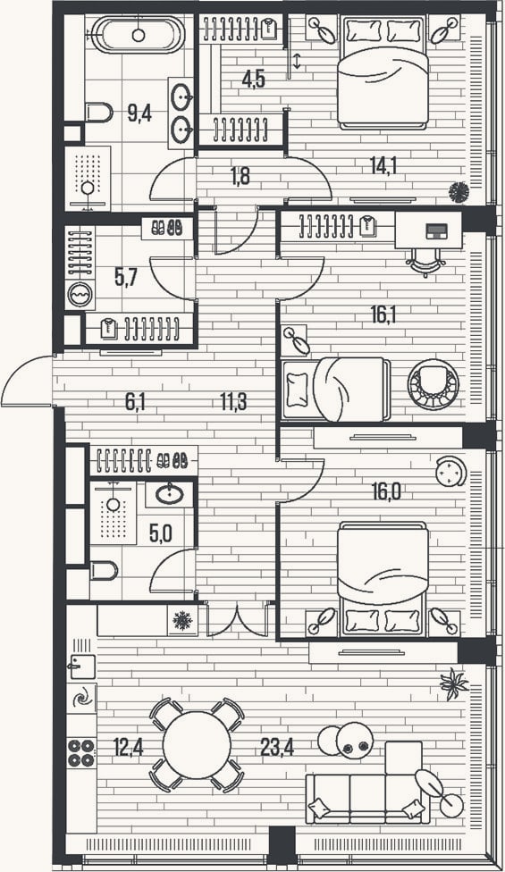 Планировка: 4+ к, 125,8 м²