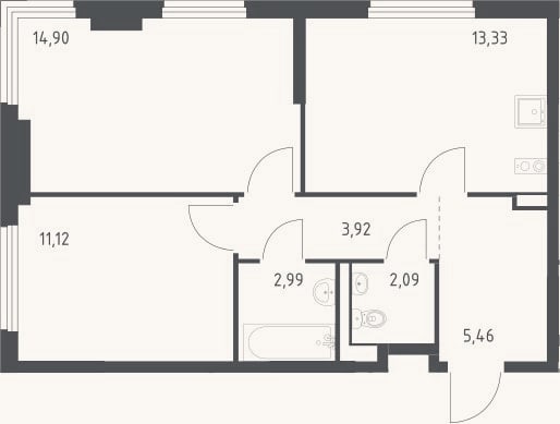 Планировка: 2-к, 53,8 м²