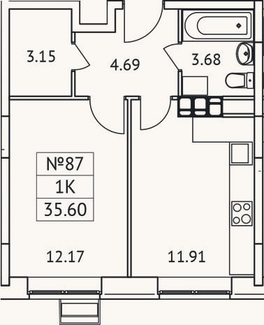 Планировка: 1-к, 35,6 м²