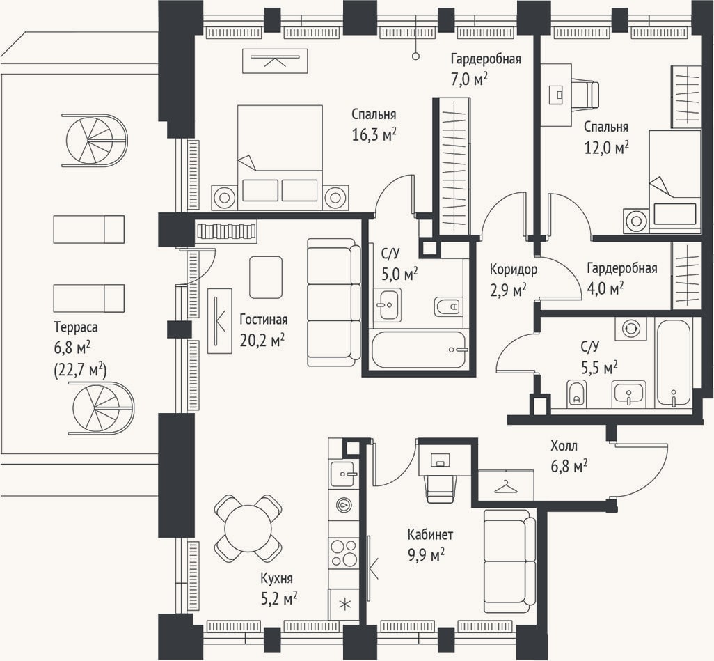 Планировка: 4+ к, 94,8 м²