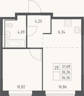 Планировка: 2-к, 36,4 м²