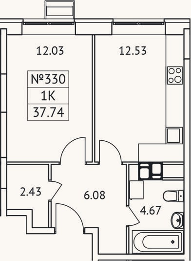 Планировка: 1-к, 37,7 м²