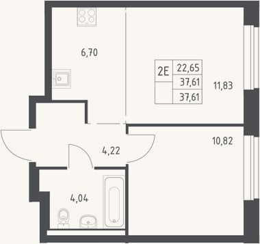 Планировка: 2-к, 37,6 м²