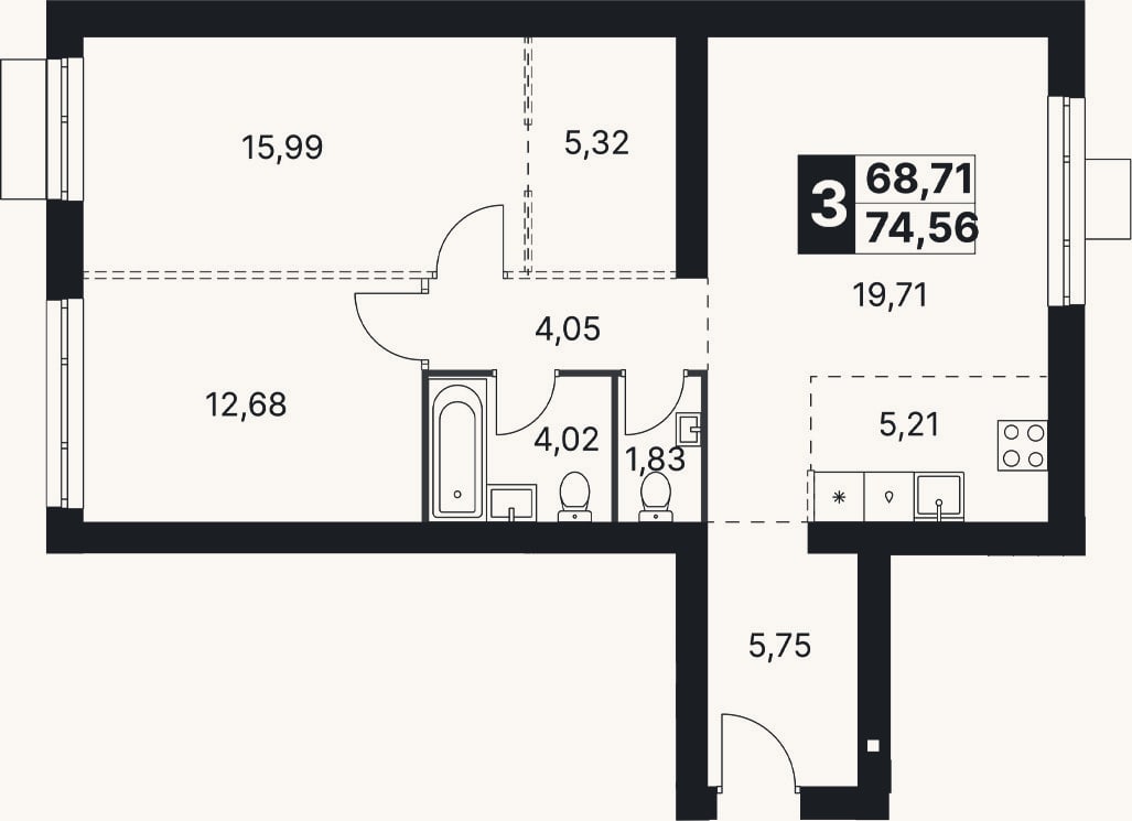 Планировка: 3-к, 74,6 м²