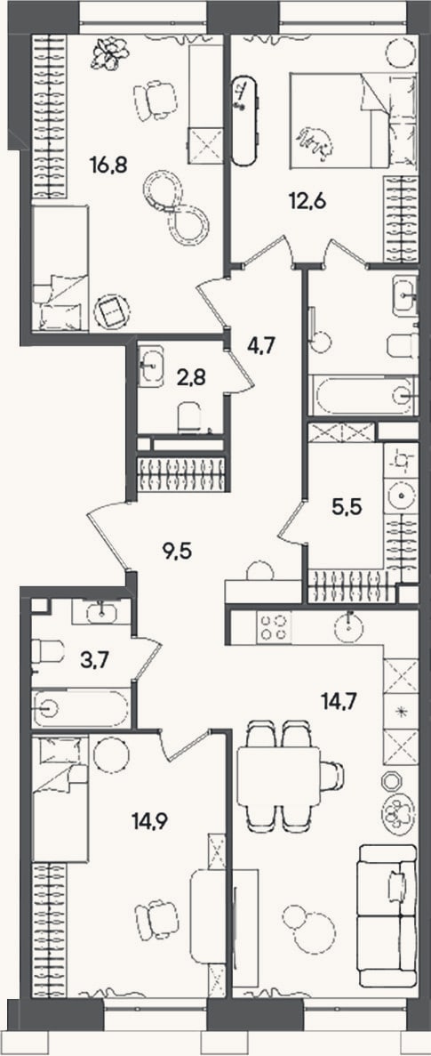 Планировка: 3-к, 96,7 м²