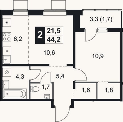Планировка: 2-к, 42,5 м²