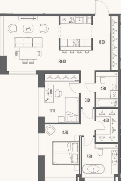Планировка: 2-к, 83,5 м²
