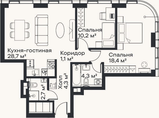 Планировка: 3-к, 69,7 м²