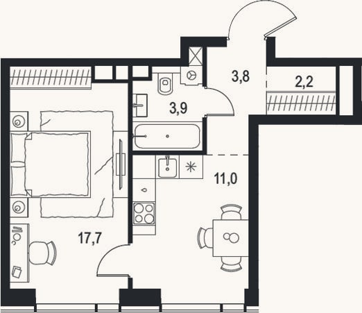Планировка: 1-к, 38,6 м²