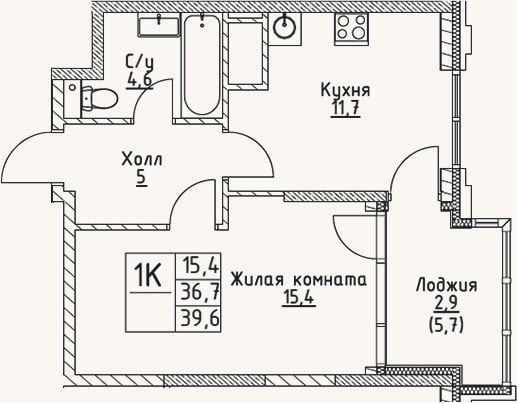 Планировка: 1-к, 36,7 м²