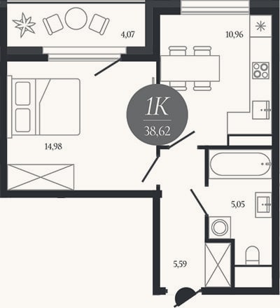 Планировка: 1-к, 36,6 м²