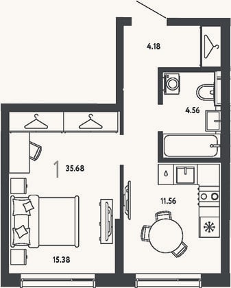 Планировка: 1-к, 35,7 м²