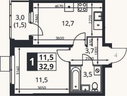 Планировка: 1-к, 31,4 м²