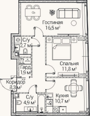 Планировка: 2-к, 56,8 м²