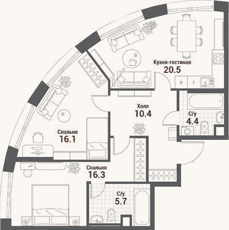 Планировка: 3-к, 73,4 м²