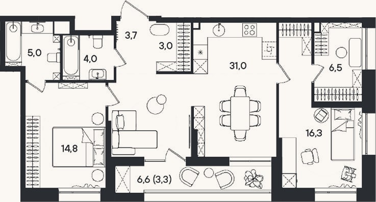 Планировка: 3-к, 84,3 м²