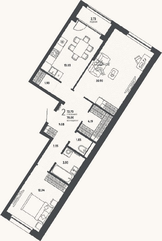Планировка: 2-к, 70 м²