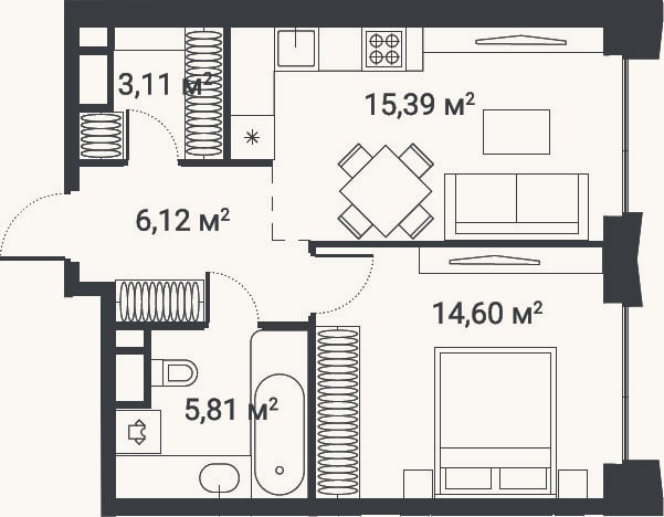 Планировка: 1-к, 45 м²