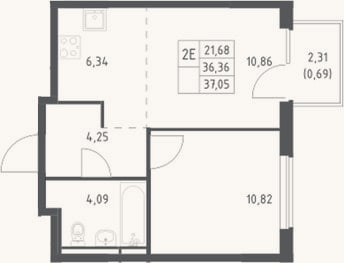 Планировка: 2-к, 36,4 м²