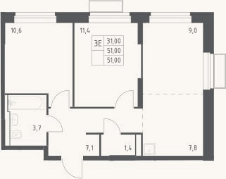 Планировка: 3-к, 51 м²