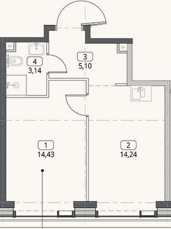 Планировка: 1-к, 36,9 м²
