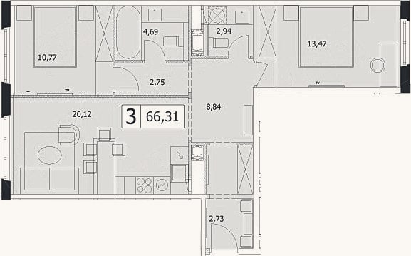 Планировка: 3-к, 66,3 м²