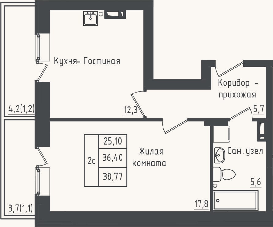 Планировка: 1-к, 36,4 м²