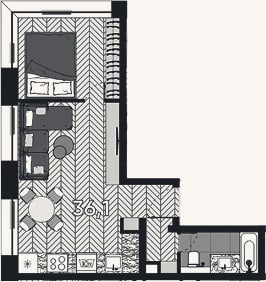 Планировка: 2-к, 36,1 м²