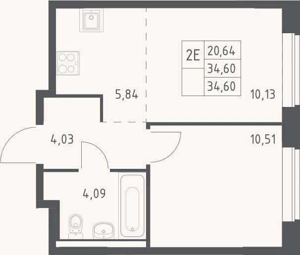 Планировка: 2-к, 34,6 м²