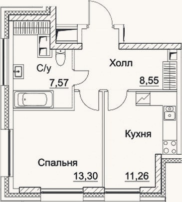 Планировка: 1-к, 40,7 м²