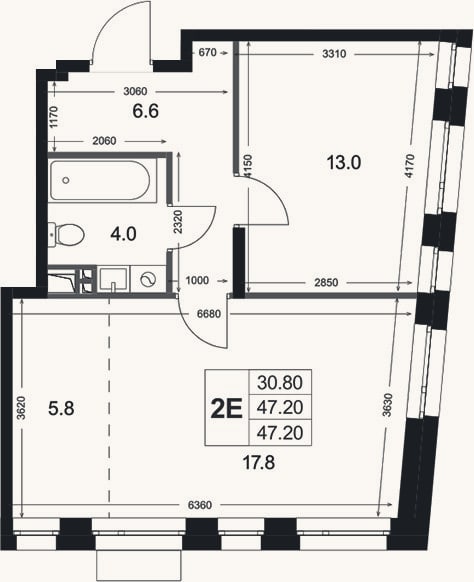 Планировка: 2-к, 47,2 м²