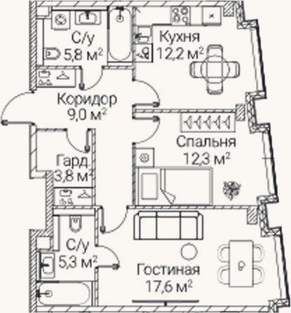Планировка: 2-к, 66 м²